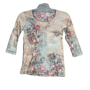 Xcit USA Shirt‎ Womens Small Petite Green Pink Floral Fairy Grunge Vintage Y2K